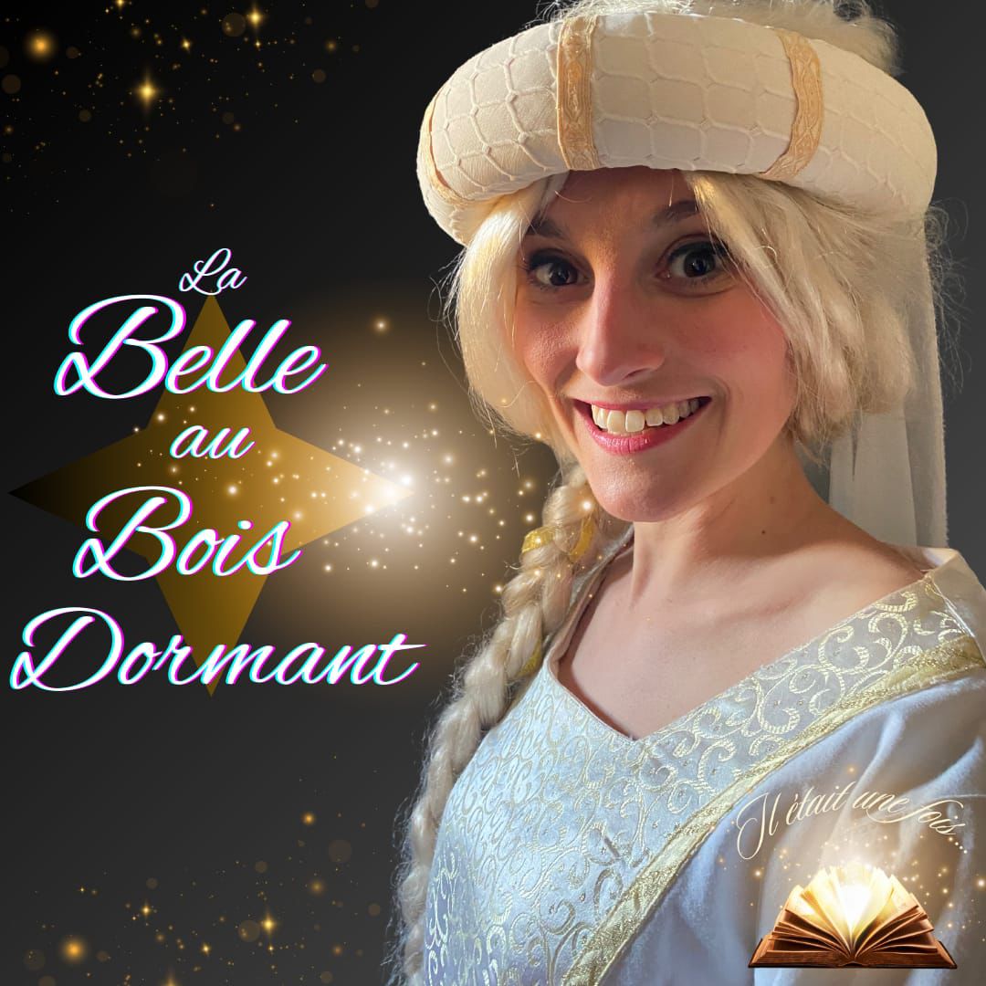 Montage photo d'une femme déguisée sur le thème La Belle au Bois Dormant. À sa gauche on y trouve un bloc texte avec écrit : 