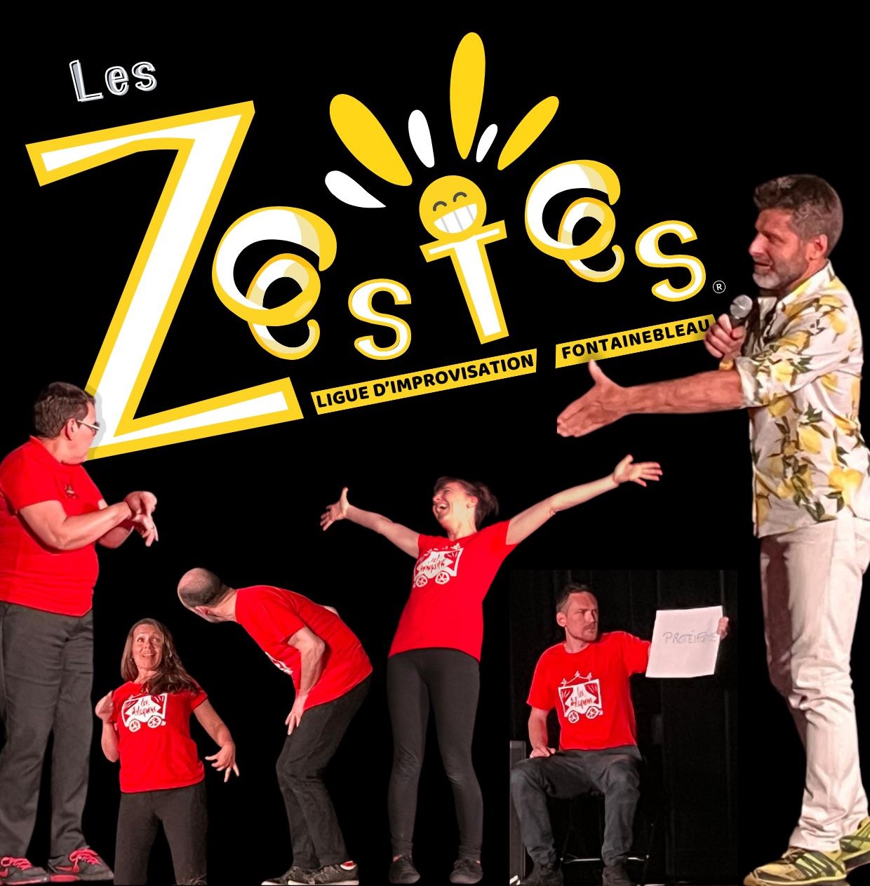 Affiche avec un montage du spectacle nommé "Les Zestes". Six comédiens y sont représentés avec des expressions différentes.