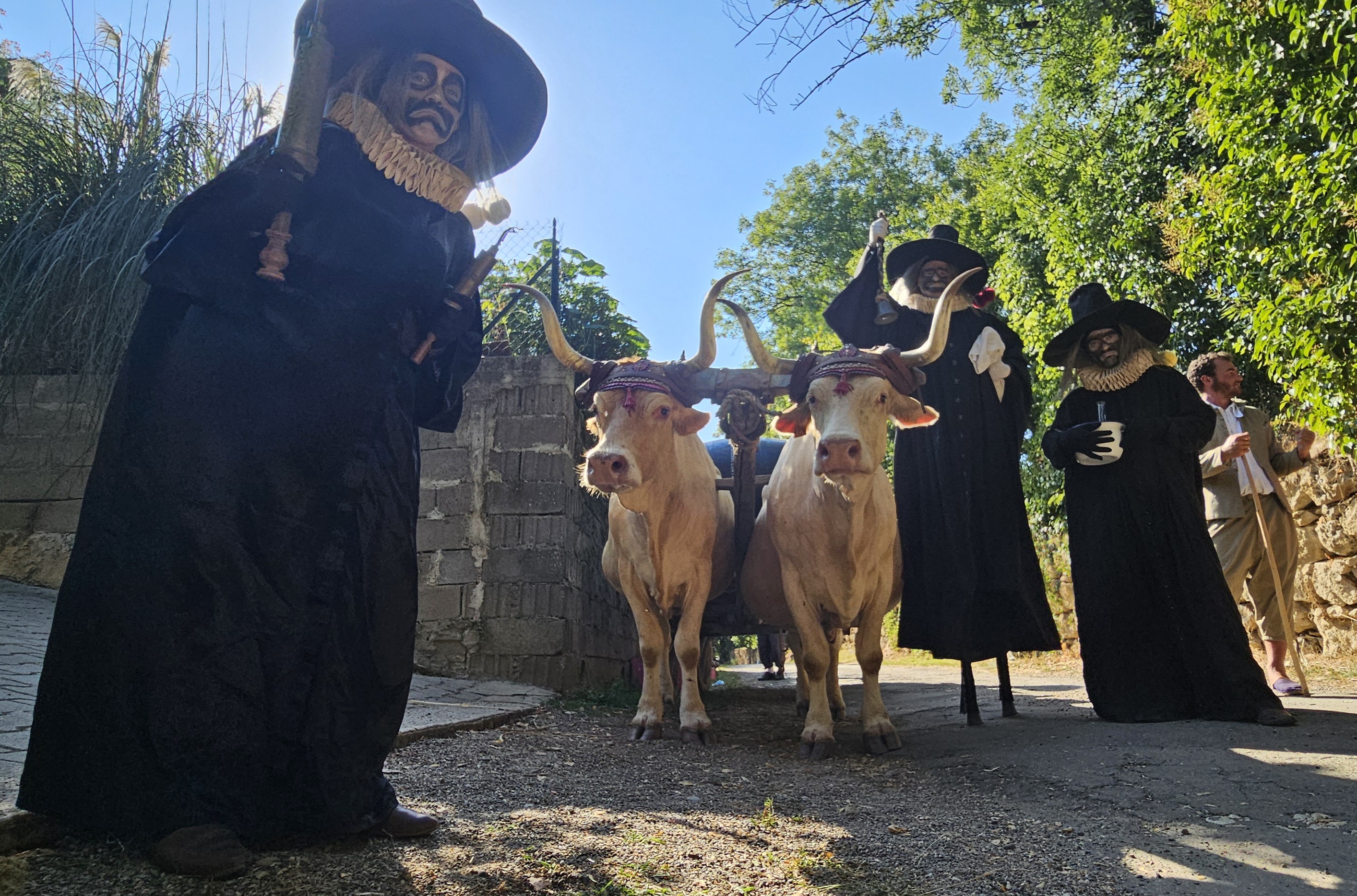 Trois comédiens costumés avec de longues robes noires et des chapeaux noirs accompagnés de deux vaches blanches.